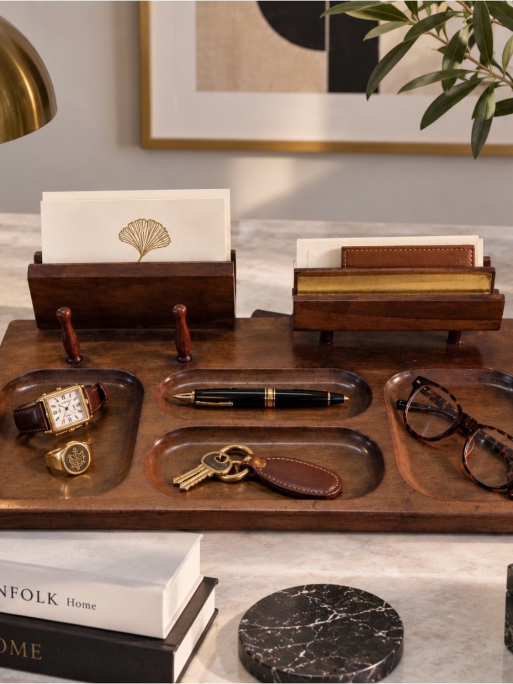 Vintage London Leather Wooden Desk Valet Organizer